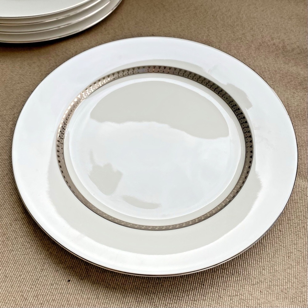 Set of 5 Nikko Inca Platinum 8" Salad Plates Fine Ivory China Silver Band
